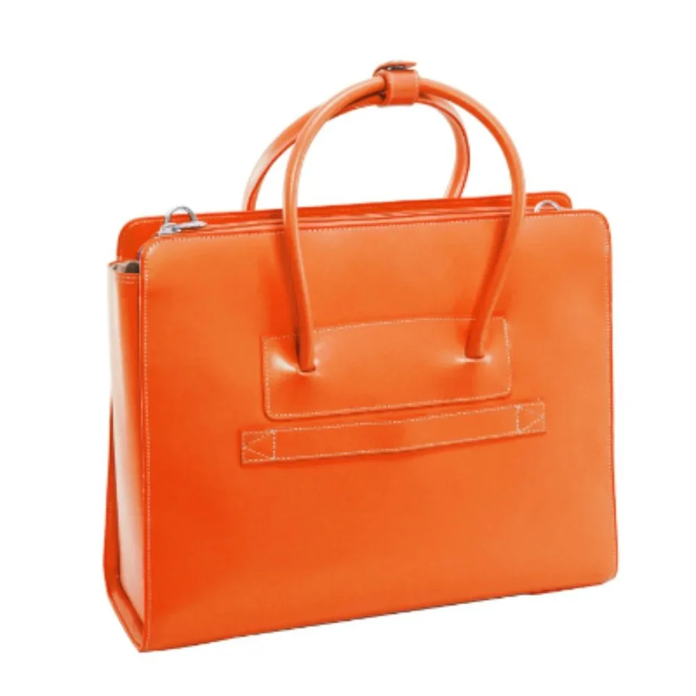 Structured Orange Leather Laptop Tote Bag with Double Handles